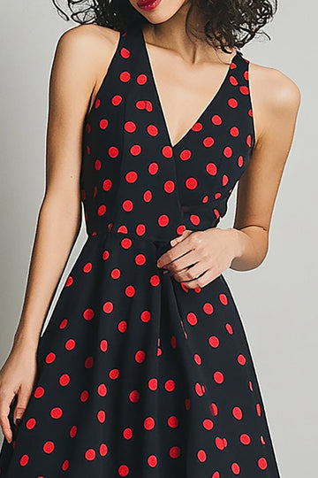 Svart Röd A Line V-hals Polka Dots Klänning